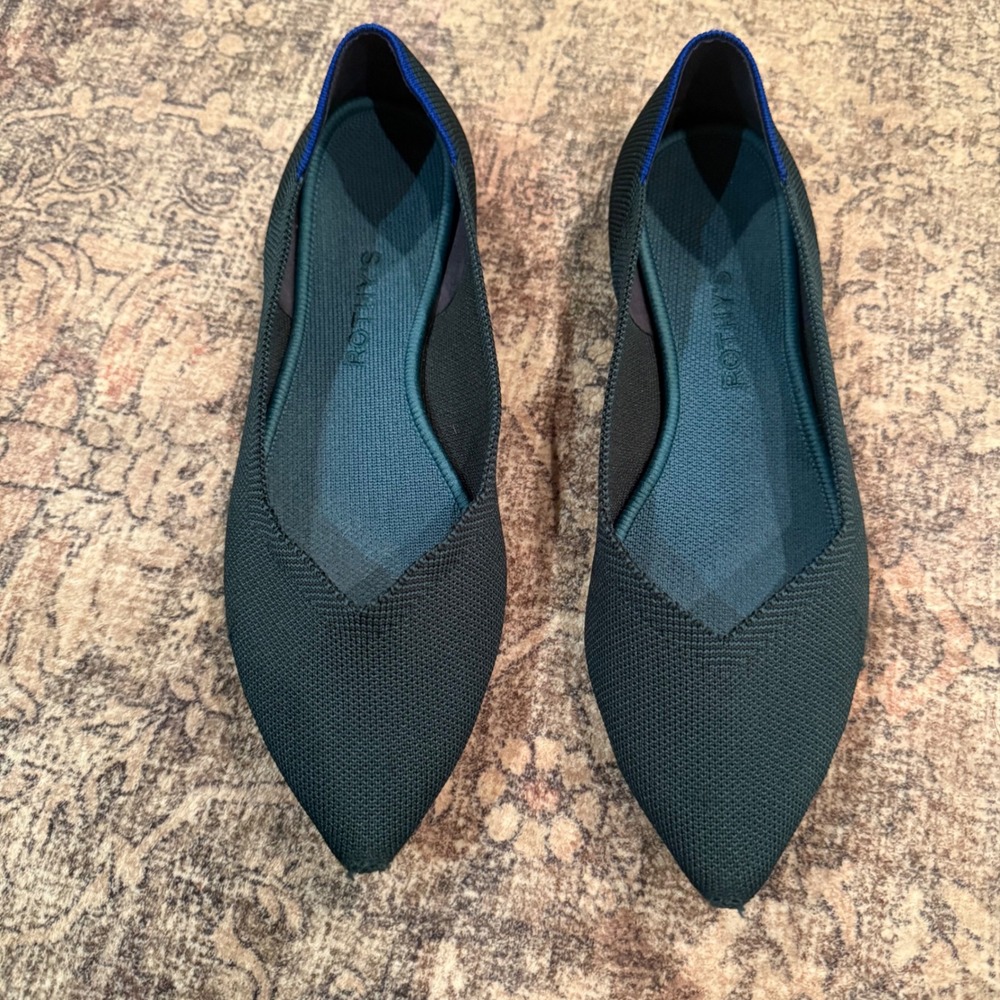 Rothys The Point Dark Forest Green Knit Pointed Toe Flats Womens 9.5